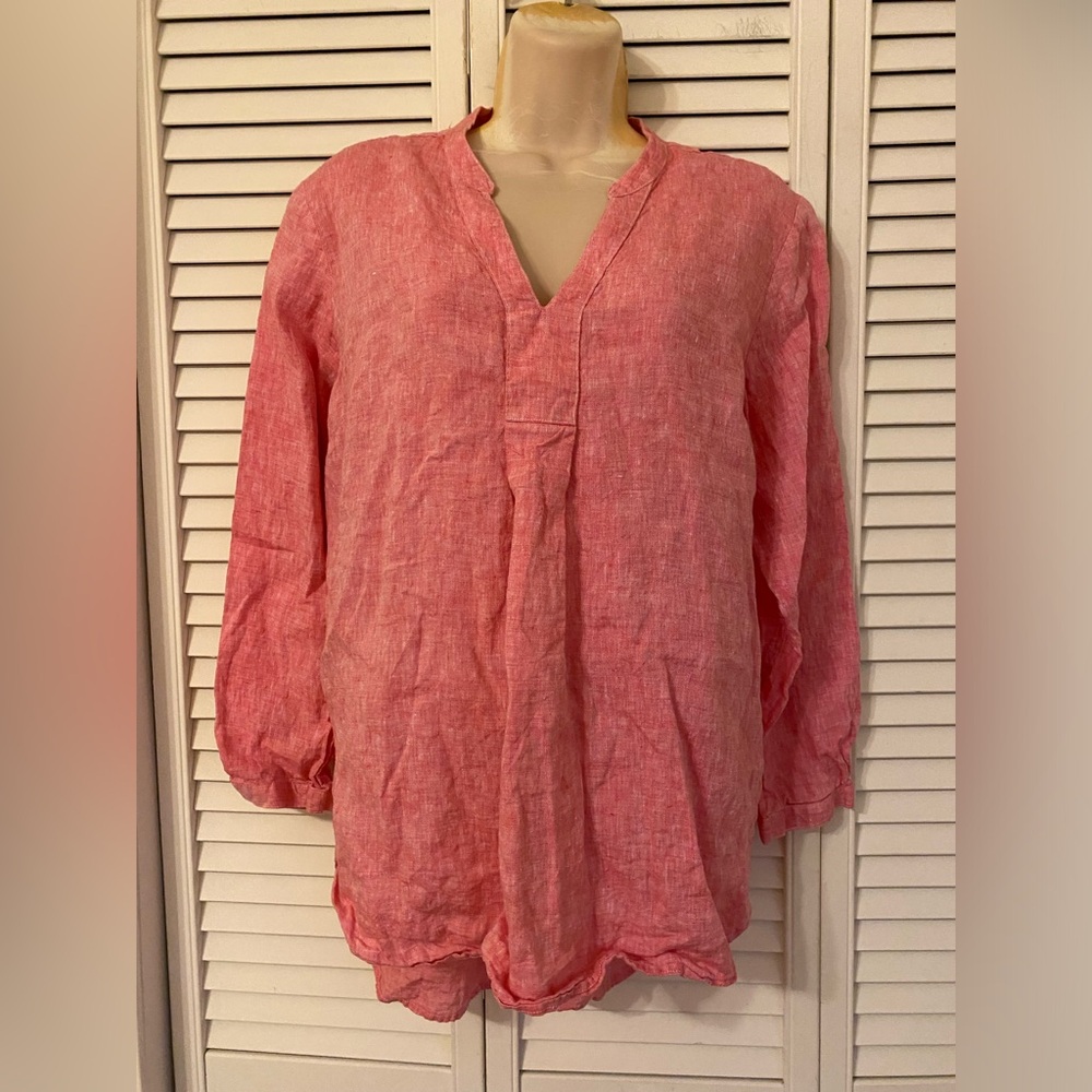 LL Bean Linen Popover Tunic Top Pink Large Petite Lagenlook Beach Coastal Resort